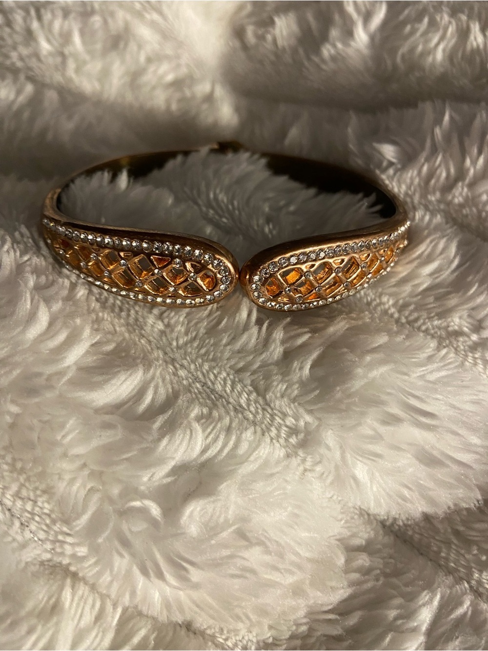 Rose Gold Tone Amber Crystal Hinged Cuff Bracelet Rhinestone Bangle